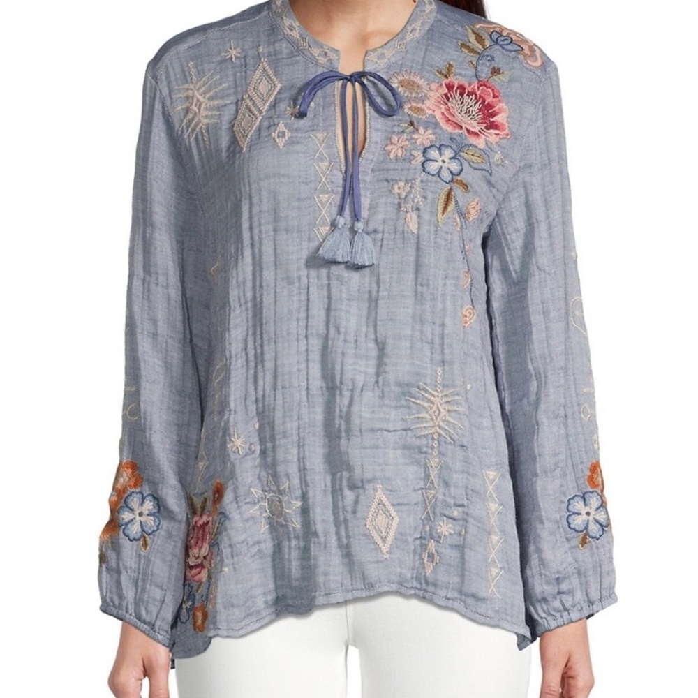 Johnny Was Umoya Effortless Scarf Back Blouse in Denim Blue Women's Medium